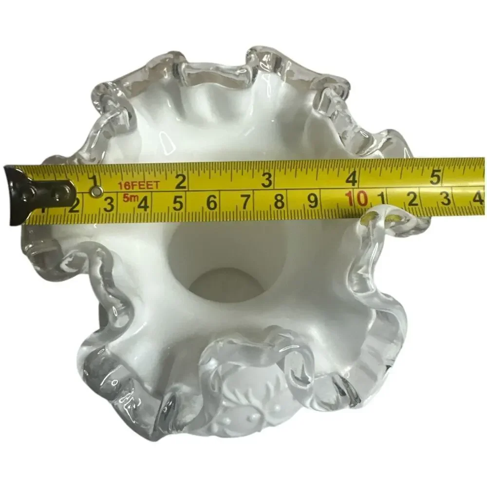 Vntg Fenton Art Milk Glass Spanish Lace Clear Crest Ruffled Rim Vase 7.5
